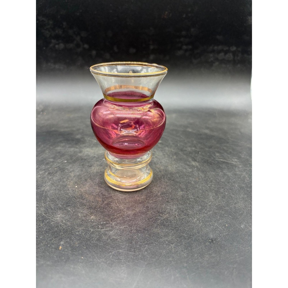 Vintage Cranberry Glass Miniature‎ Bud Vase Gold Gilt Trim Pink Art Glass 4.25in